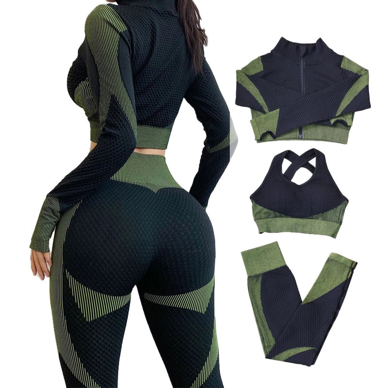 Workout Running Clothing Shirt Sport Bra Seamless Leggings Gym Wear Yoga Outfits 3pcs Women Fitness Sets Long Sleeve - Virtual Blue Store