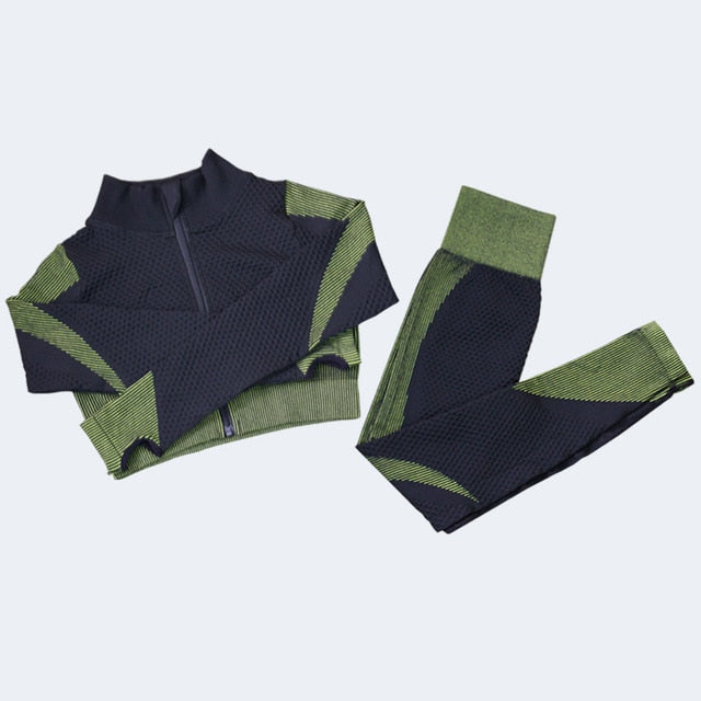 Workout Running Clothing Shirt Sport Bra Seamless Leggings Gym Wear Yoga Outfits 3pcs Women Fitness Sets Long Sleeve - Virtual Blue Store