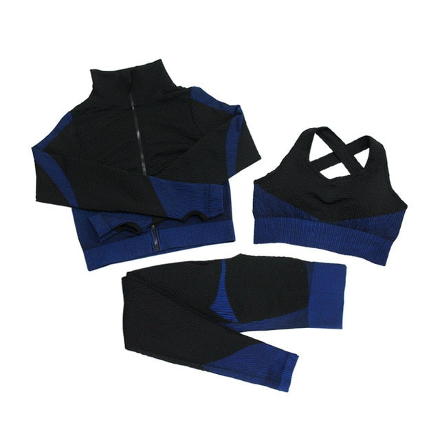 Workout Running Clothing Shirt Sport Bra Seamless Leggings Gym Wear Yoga Outfits 3pcs Women Fitness Sets Long Sleeve - Virtual Blue Store