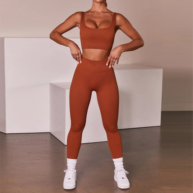 XMTOPYE Women Seamless Yoga Set Solid Ribbed Fitness 2 Piece Set Sporty Running Sports Jogging Suit Pullover Sports Bra Leggings - Virtual Blue Store