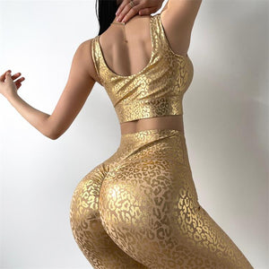 Golden Leopard Print Yoga Sets Women Sexy High Waist Push Up Gym Workout Tights Clothing Hot Sale MITAOGIRL - Virtual Blue Store
