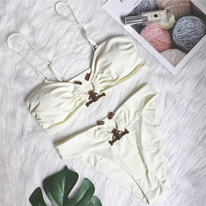 4 Color Metal Ring Bandeau Bikini Female Swimsuit Women Swimwear Two-pieces Bikini set Strapless Bather Bathing Suit Swim V2855 - Virtual Blue Store