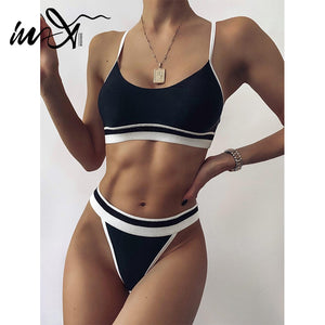 In-X Patchwork bikini  Bandeau swimwear female High waist swimsuit women Sexy string 2 pieces set bathing suit summer new - Virtual Blue Store