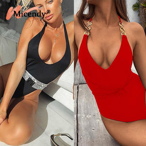 Micendy One Piece Swimsuit Women Shiny Swimwear With Belt Summer Rhinestone Swimming Suit Halter Monokini One-piece Suits Diamon - Virtual Blue Store