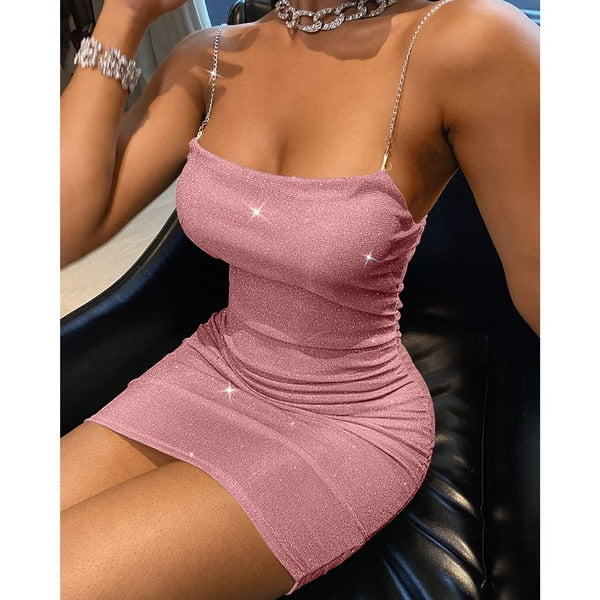 Dresses for Women Party Club Short Sexy Mini Dress Ladies Summer Fashion Sequins Rhinestone Spaghetti - Virtual Blue Store