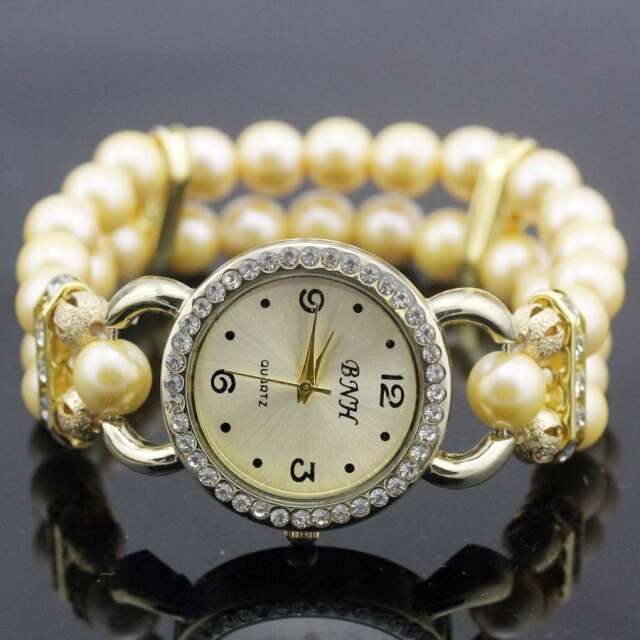 shsby New Women's Rhinestone Quartz Analog Bracelet Wrist Watch lady dress watches with Colorful pearls - Virtual Blue Store