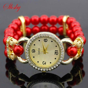 shsby New Women's Rhinestone Quartz Analog Bracelet Wrist Watch lady dress watches with Colorful pearls - Virtual Blue Store