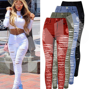 Sexy Women Destroyed Ripped Denim Jeans Skinny Hole Pants High Waist Stretch Jeans Slim Pencil Trousers Black White Blue - Virtual Blue Store