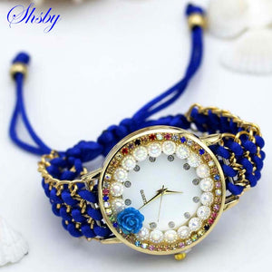 shsby new Ladies flower hand-knitted wristwatch rose women dress watch Color sparkling rhinestone fabric clock sweet girl watch - Virtual Blue Store