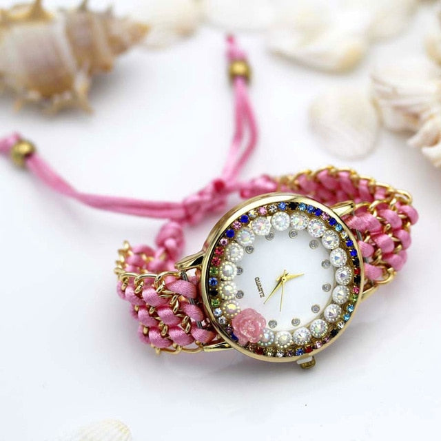 shsby new Ladies flower hand-knitted wristwatch rose women dress watch Color sparkling rhinestone fabric clock sweet girl watch - Virtual Blue Store