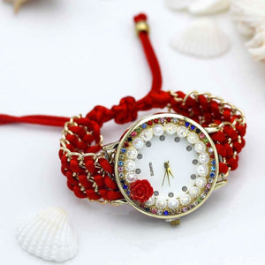 shsby new Ladies flower hand-knitted wristwatch rose women dress watch Color sparkling rhinestone fabric clock sweet girl watch - Virtual Blue Store
