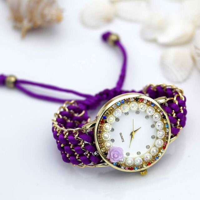 shsby new Ladies flower hand-knitted wristwatch rose women dress watch Color sparkling rhinestone fabric clock sweet girl watch - Virtual Blue Store