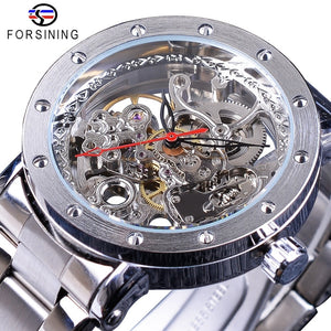 Forsining Silver Skeleton Wristwatches Black Red Pointer Silver Stainless Steel Belt Automatic Watches for Men Transparent Watch - Virtual Blue Store