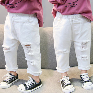 Broken Hole White Color Pants - Virtual Blue Store