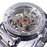 Forsining Silver Skeleton Wristwatches Black Red Pointer Silver Stainless Steel Belt Automatic Watches for Men Transparent Watch - Virtual Blue Store
